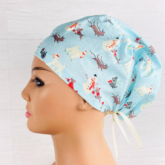 Christmas Dogs and Snowmen Women's Tieback Hat