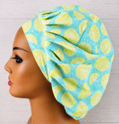 Lemons on Aqua Bouffant Scrub Cap | Handmade Surgical Hat for Nurses