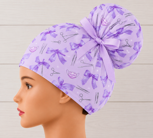 Purple Bows With Surgical Instruments High Bun Scrub Cap - Chic2Surgery