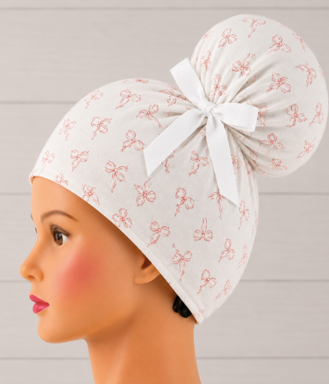 Tiny Pink Bows On White High Bun Scrub Cap - Chic2Surgery