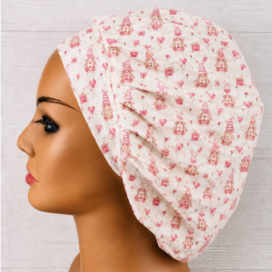 Tiny Pink Valentine's Gnomes Bouffant Scrub Cap | Handmade Surgical Hat for Nurses