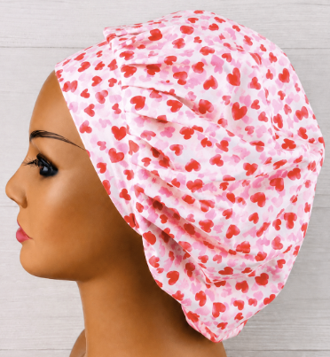 Valentine's Pink Watercolor Hearts Bouffant Scrub Cap | Handmade Surgical Hat for Nurses
