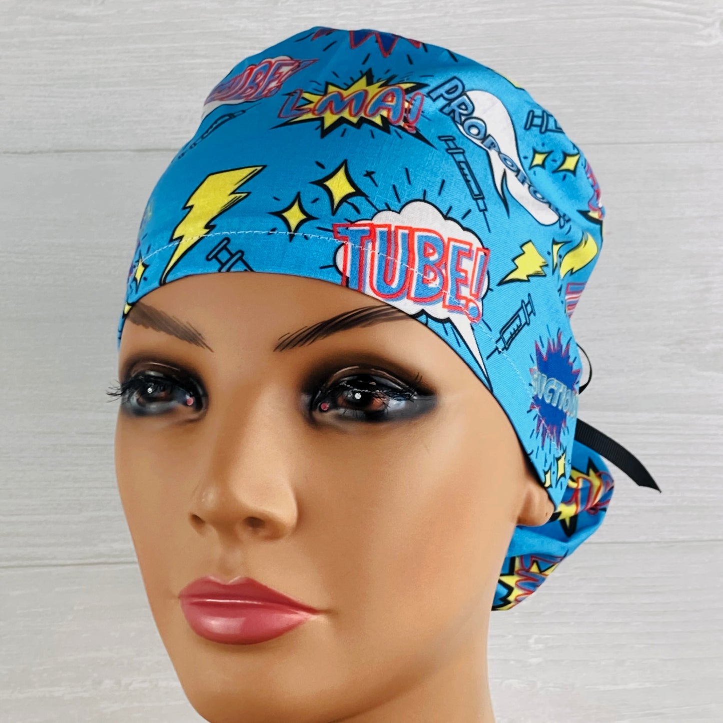 Anesthesia Comic Words Ponytail Scrub Hat