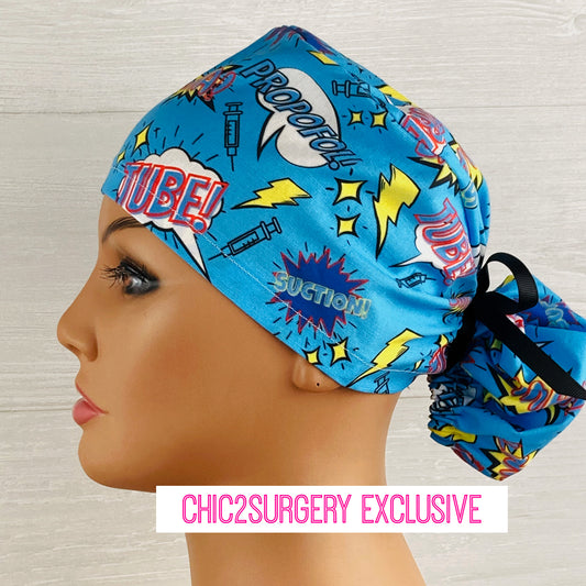 Anesthesia Comic Words Ponytail Scrub Hat