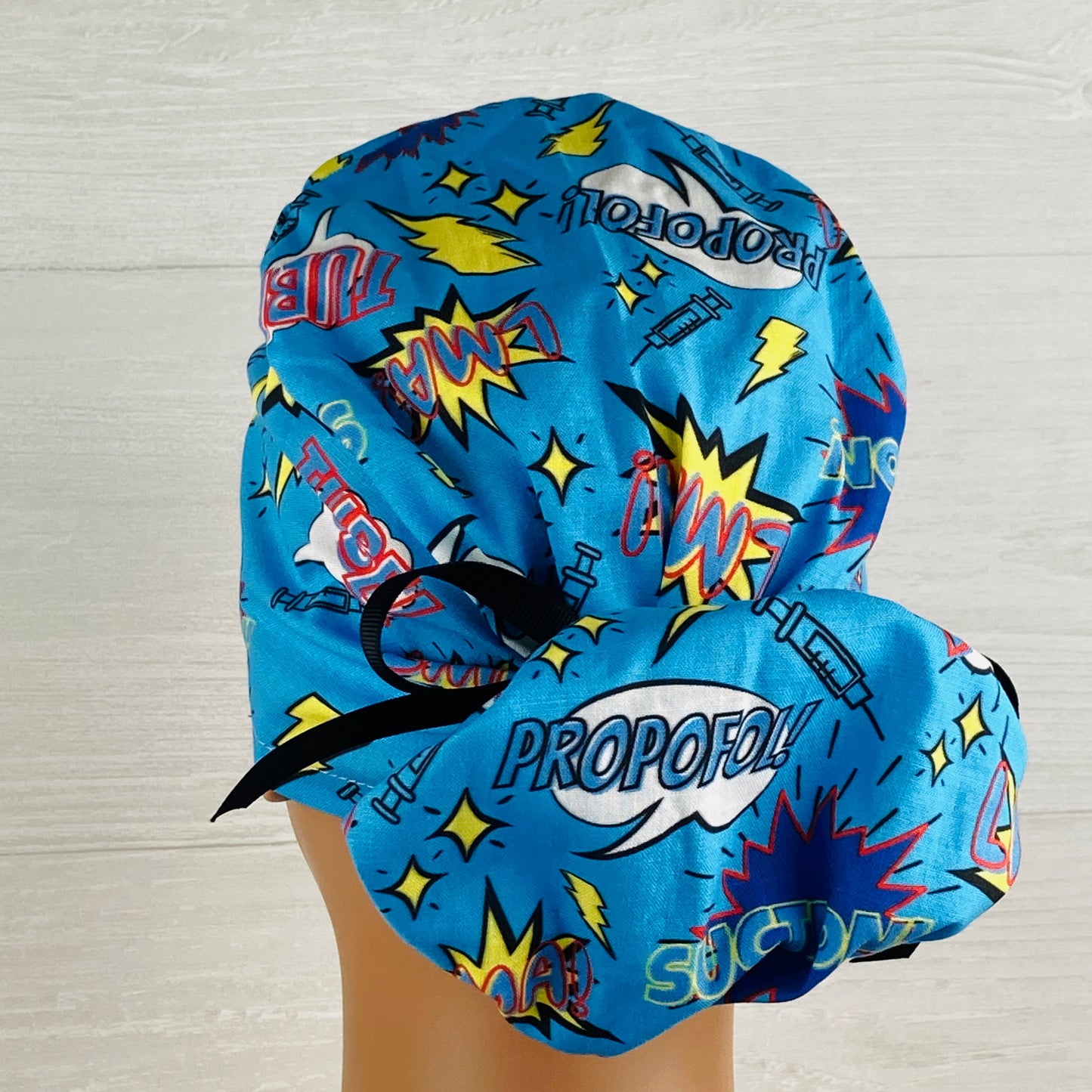 Anesthesia Comic Words Ponytail Scrub Hat