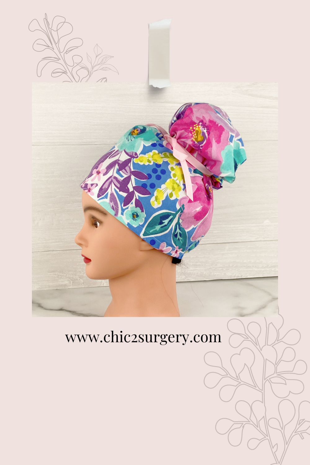Pink and Blue Floral Updo Scrub Cap