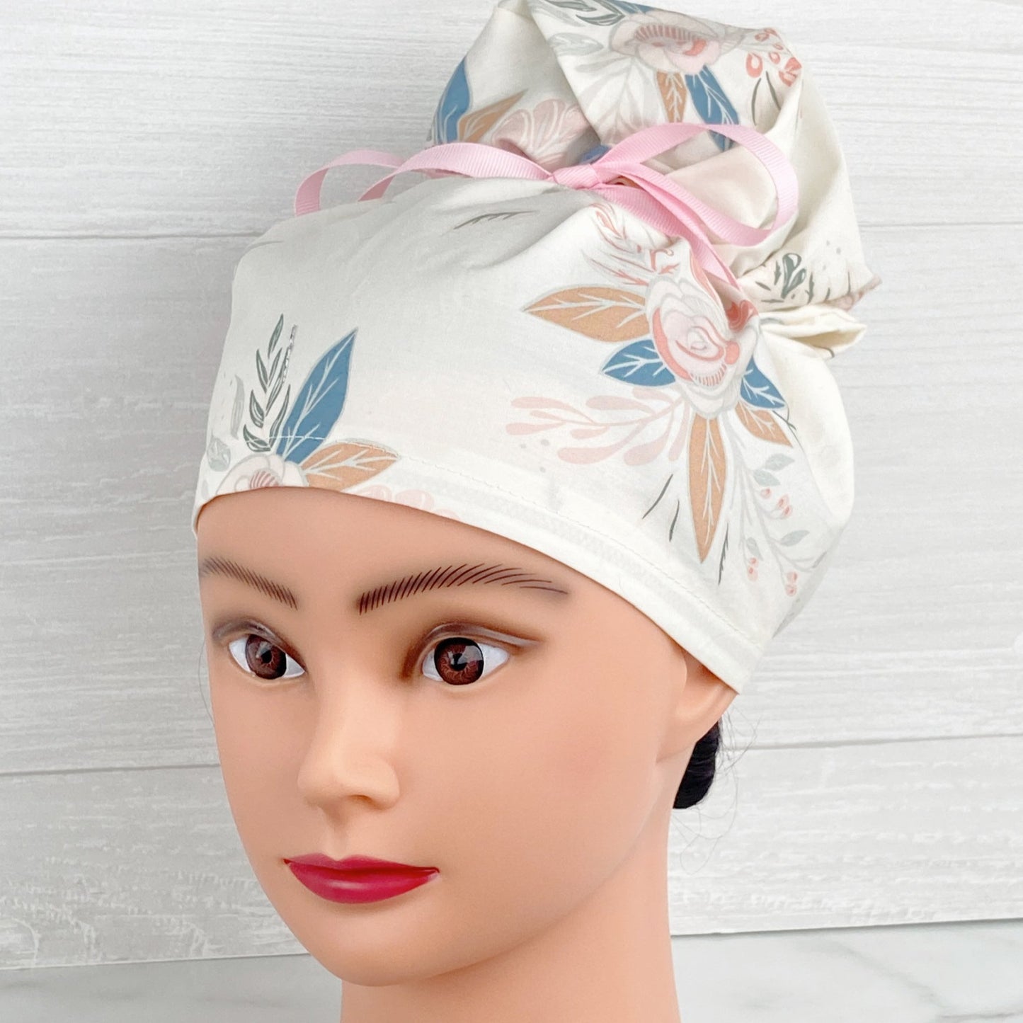 Blooms on Cream Updo Scrub Cap