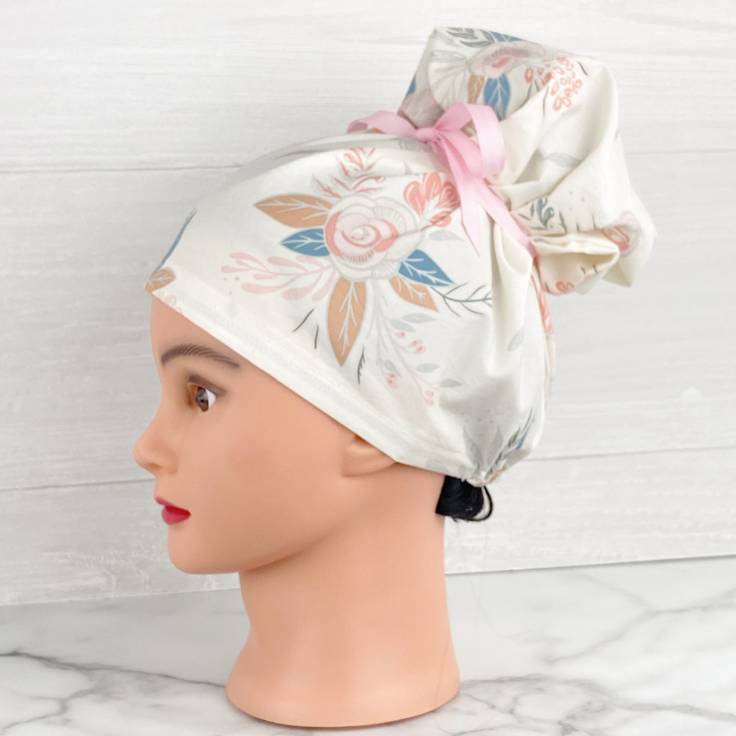Blooms on Cream Updo Scrub Cap