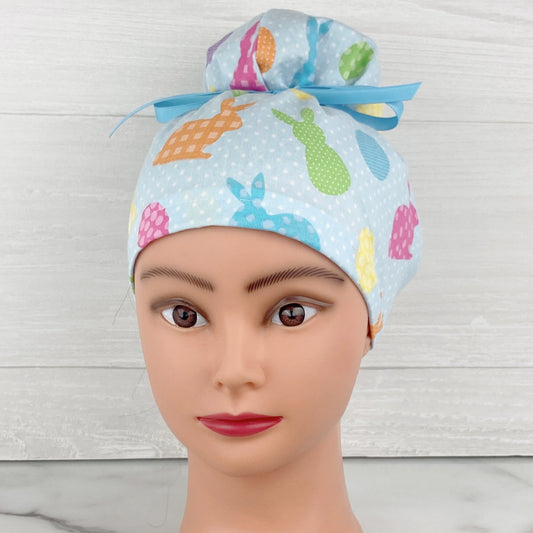 Easter Bunny Blue Dot Updo Scrub Cap