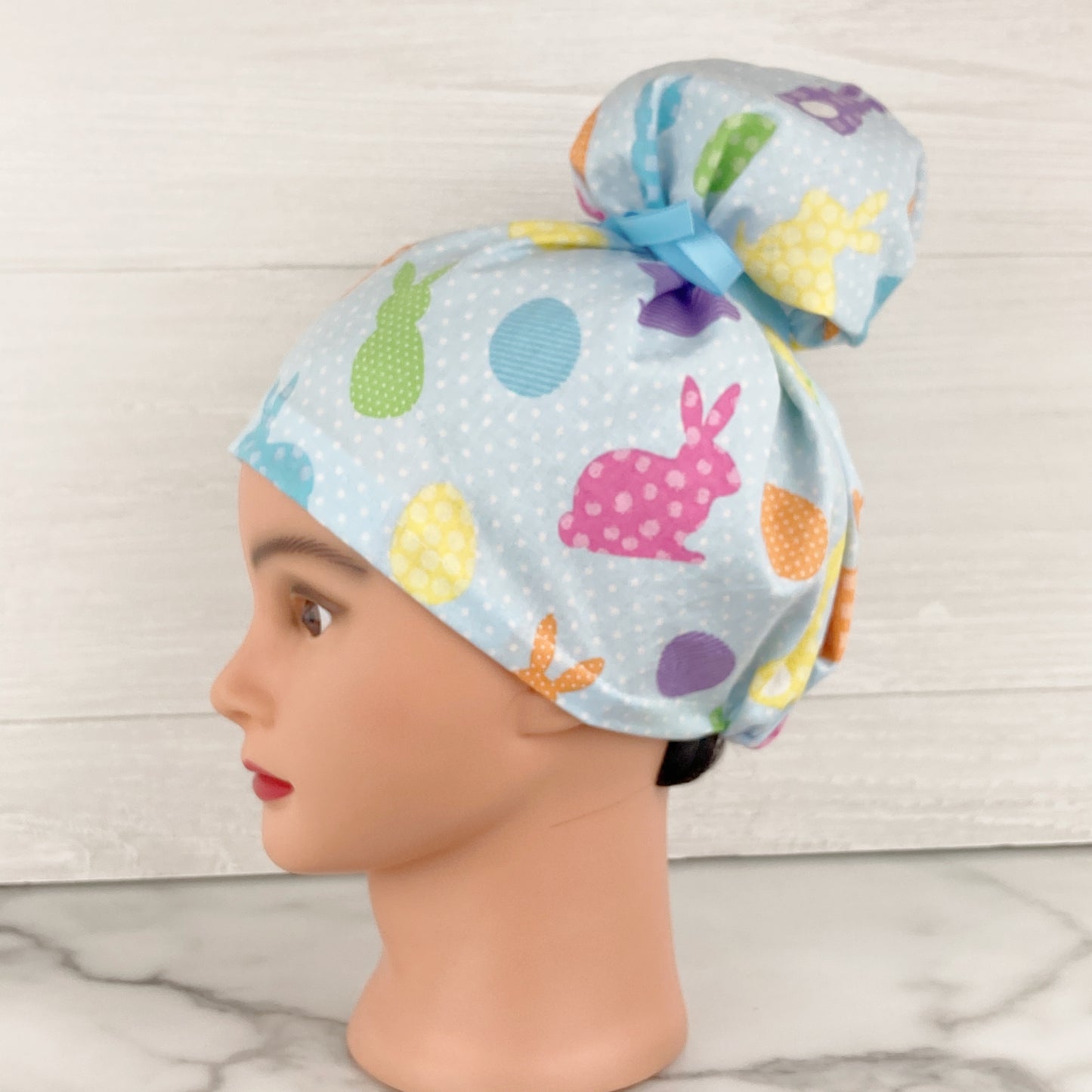 Easter Bunny Blue Dot Updo Scrub Cap