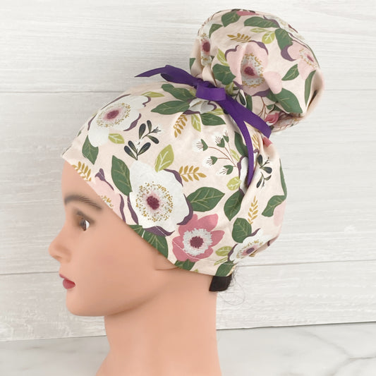 Blush and Plumb Floral Updo Scrub Cap