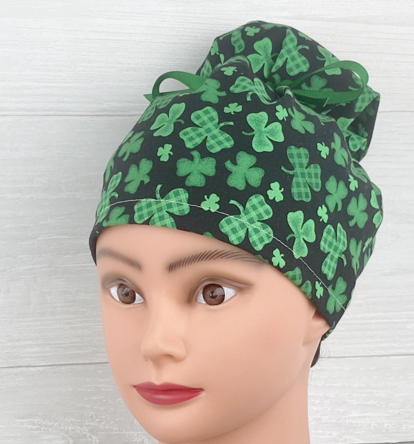 Clovers on Black Updo Scrub Cap