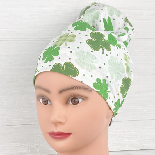 Clovers on White Updo Scrub Cap