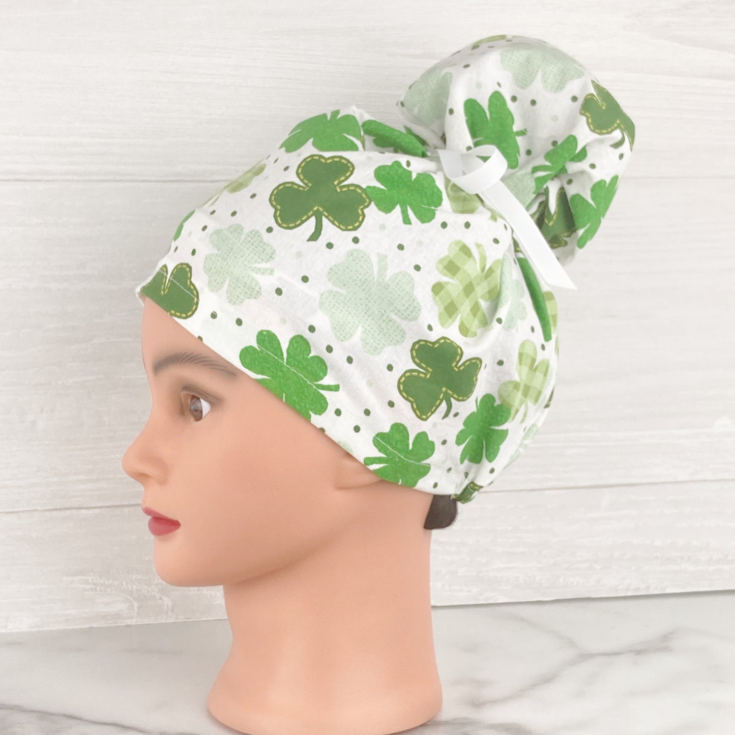 Clovers on White Updo Scrub Cap