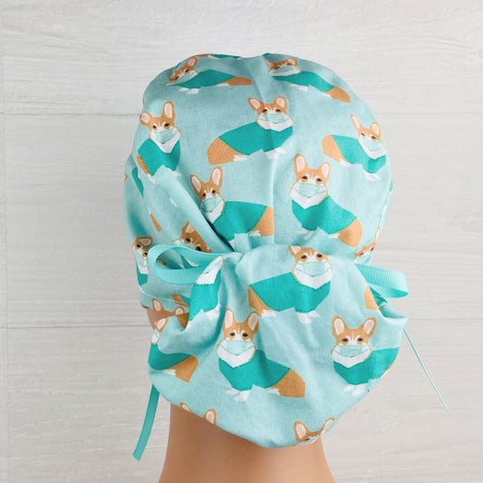 Corgi in Scrubs Aqua Ponytail Scrub Hat