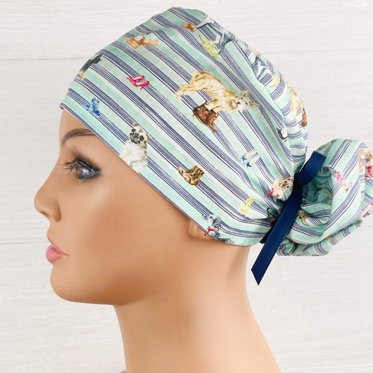 Dogs on Stripes Ponytail Scrub Hat