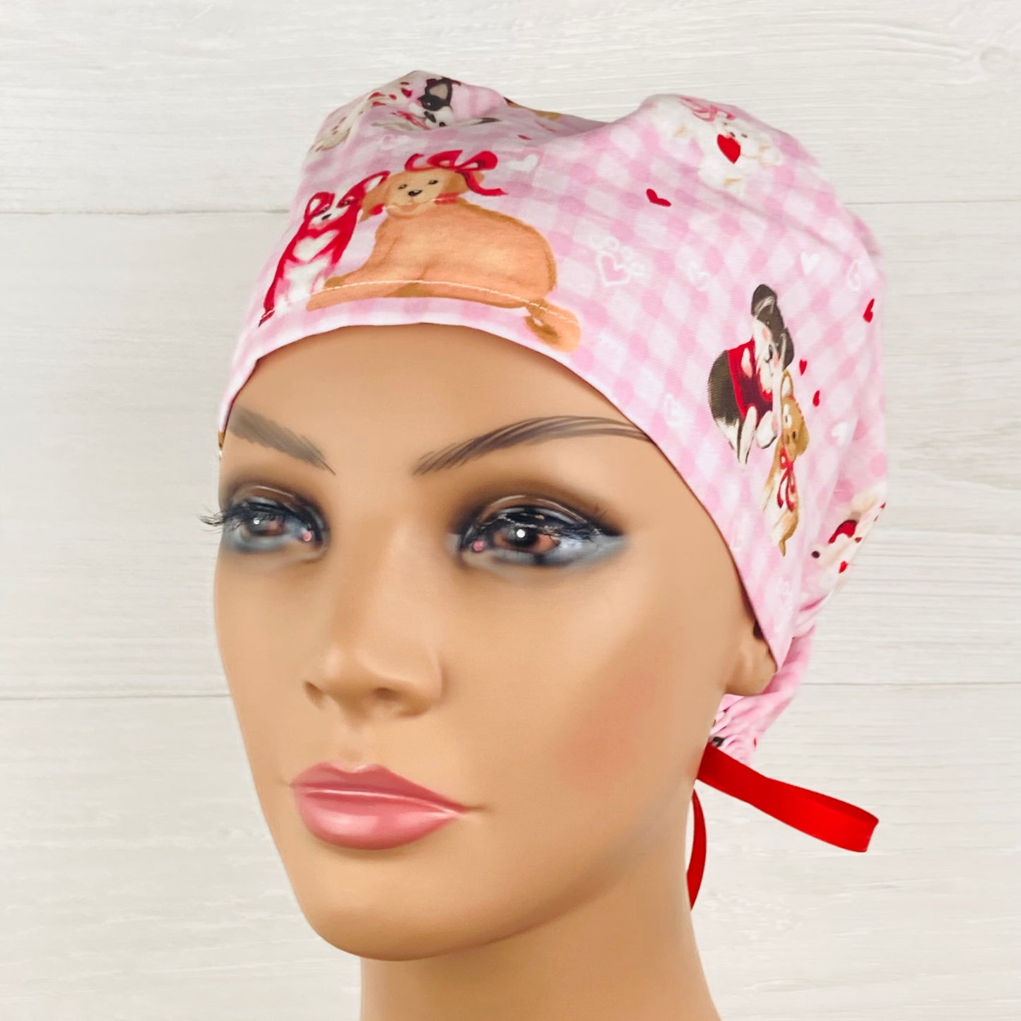 Gingham Valentines Dogs Women's Tieback Hat