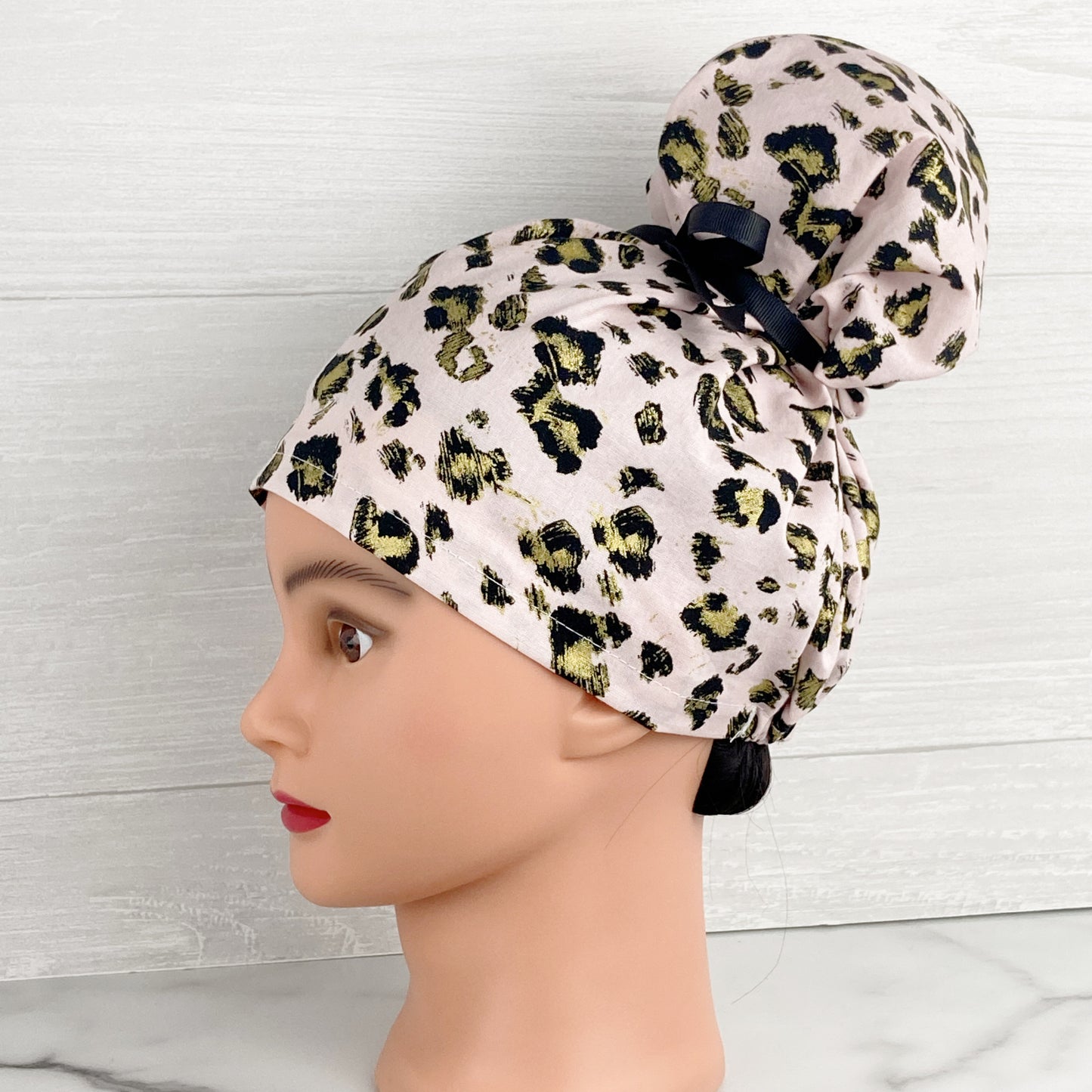 Pink and Gold Leopard Updo Scrub Cap
