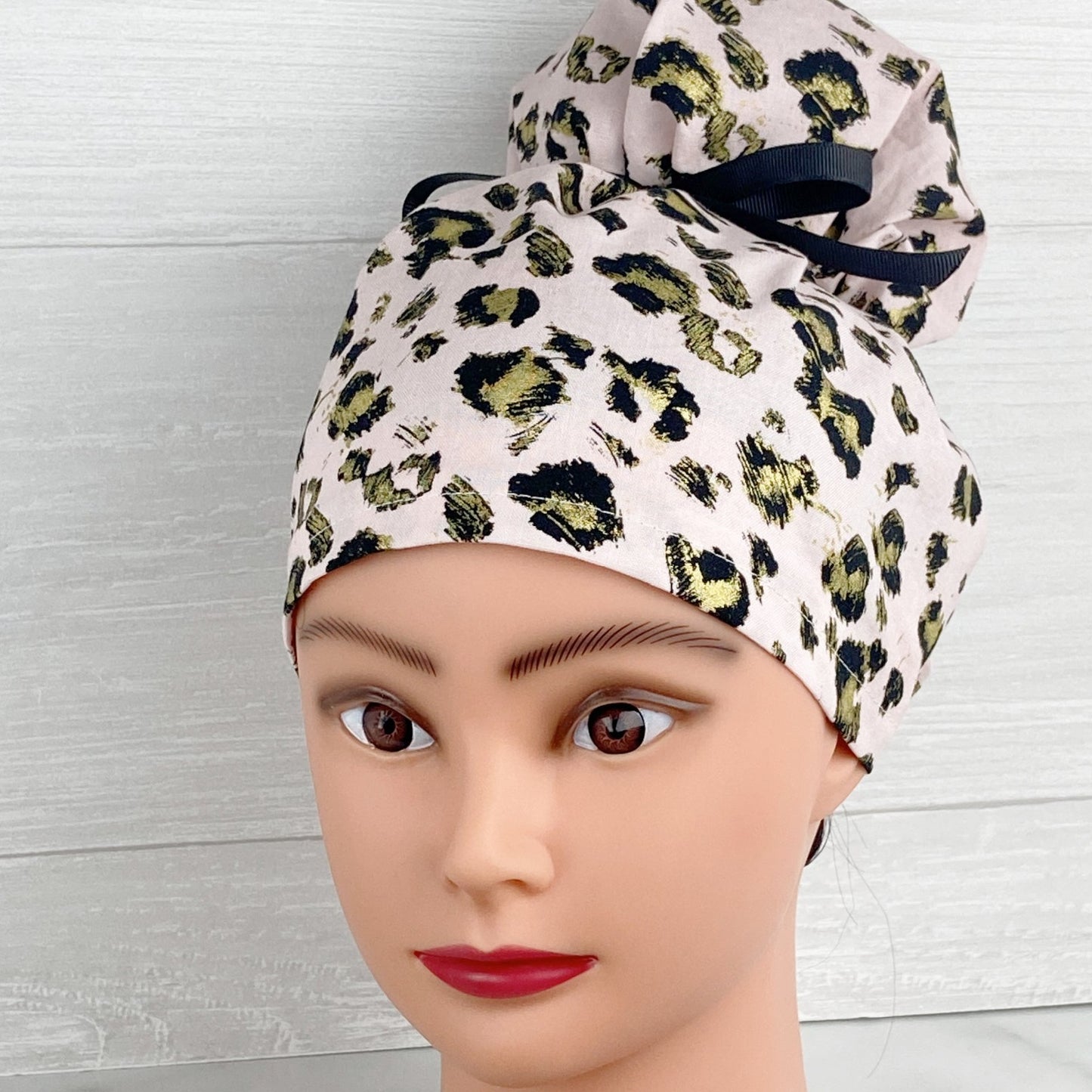 Pink and Gold Leopard Updo Scrub Cap
