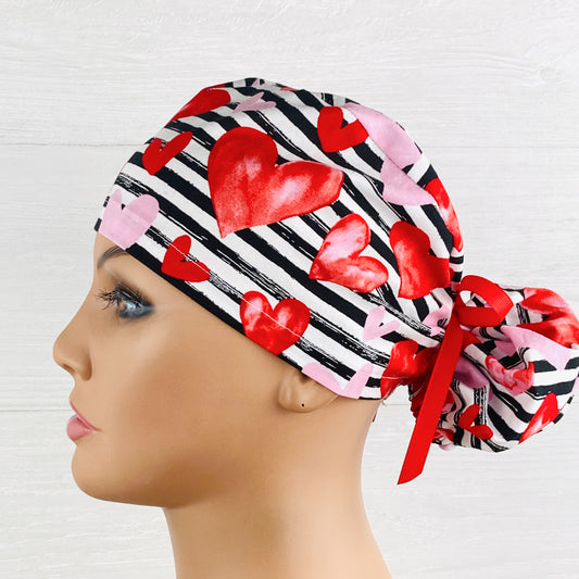 Hearts on Stripes Ponytail Scrub Hat