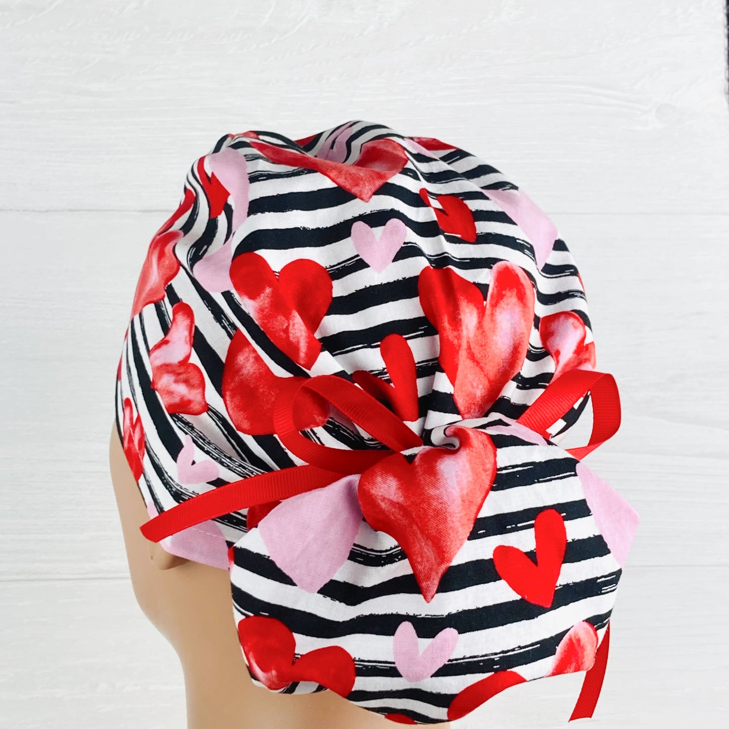 Hearts on Stripes Ponytail Scrub Hat