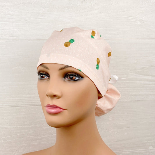 Pineapple Pink Polkadot Ponytail Scrub Hat