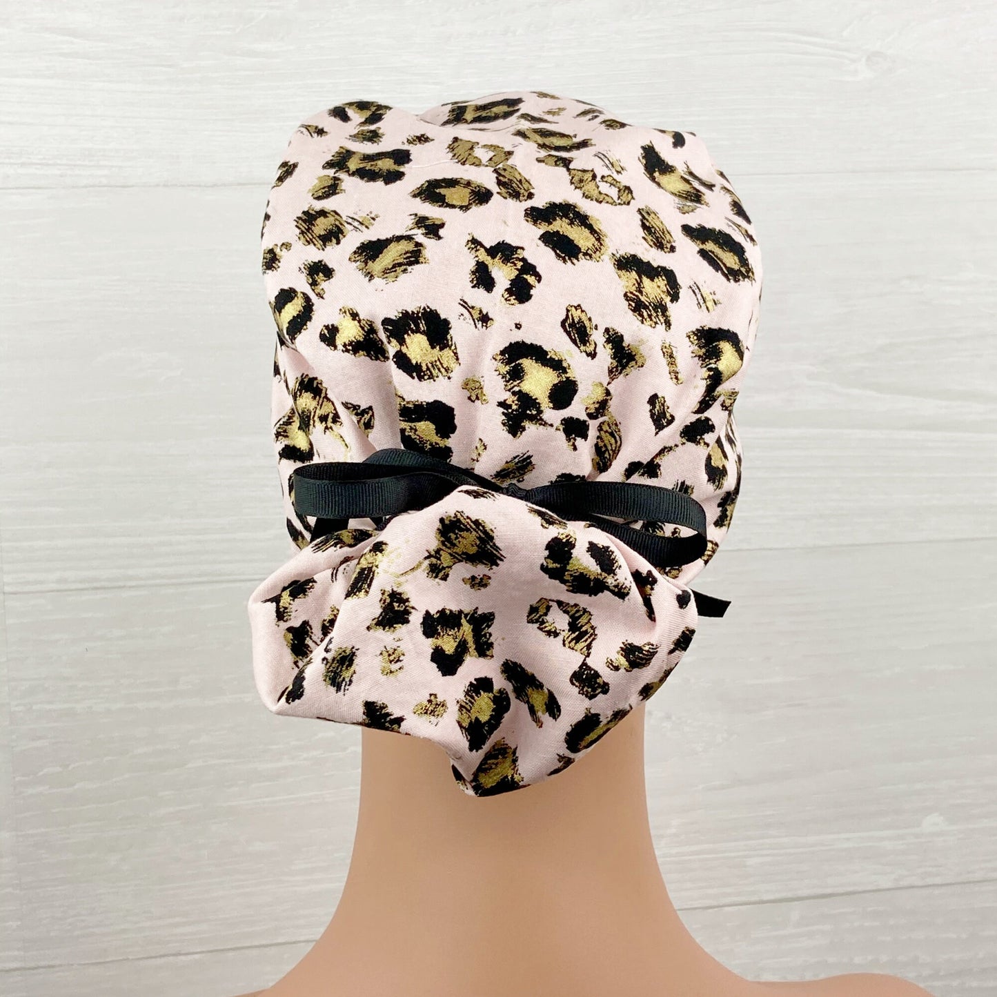 Gold Leopard on Light Pink Ponytail Scrub Hat