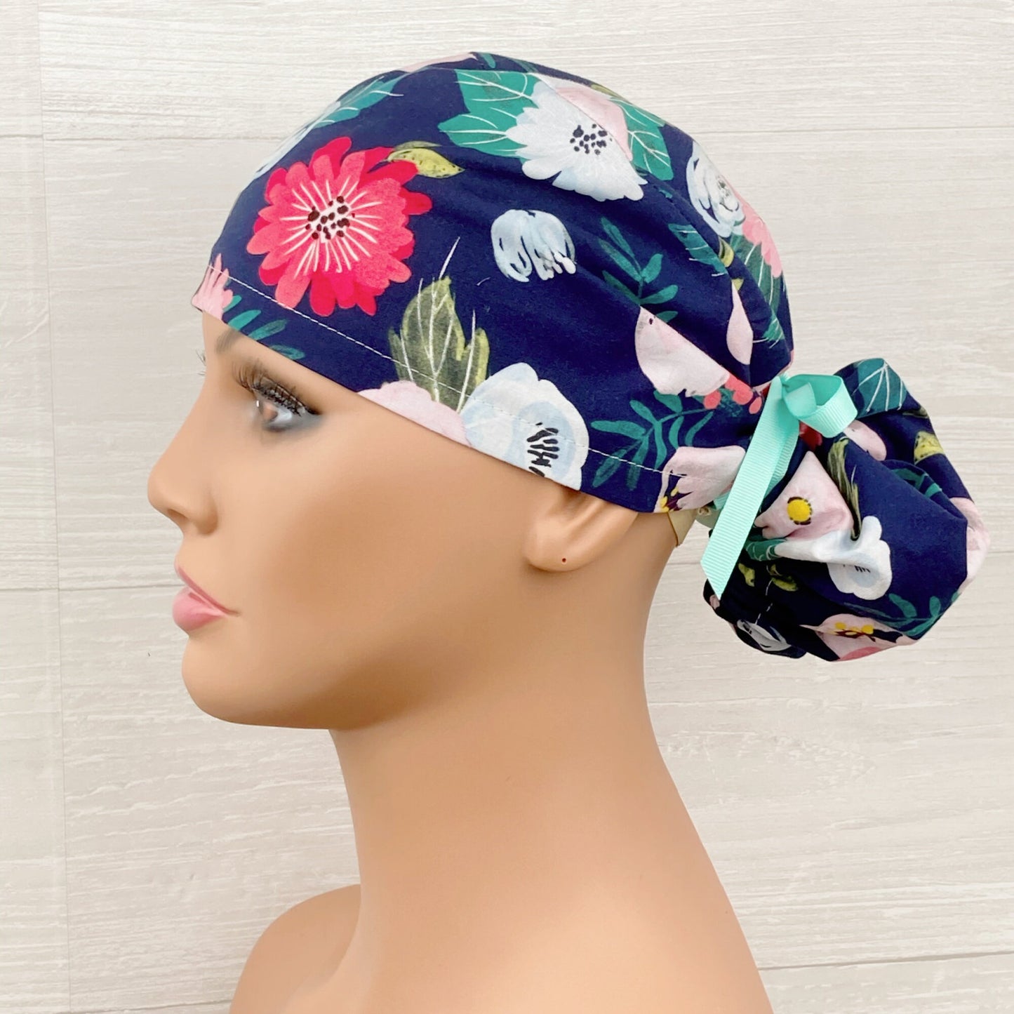 Navy Spring Floral Ponytail Hat