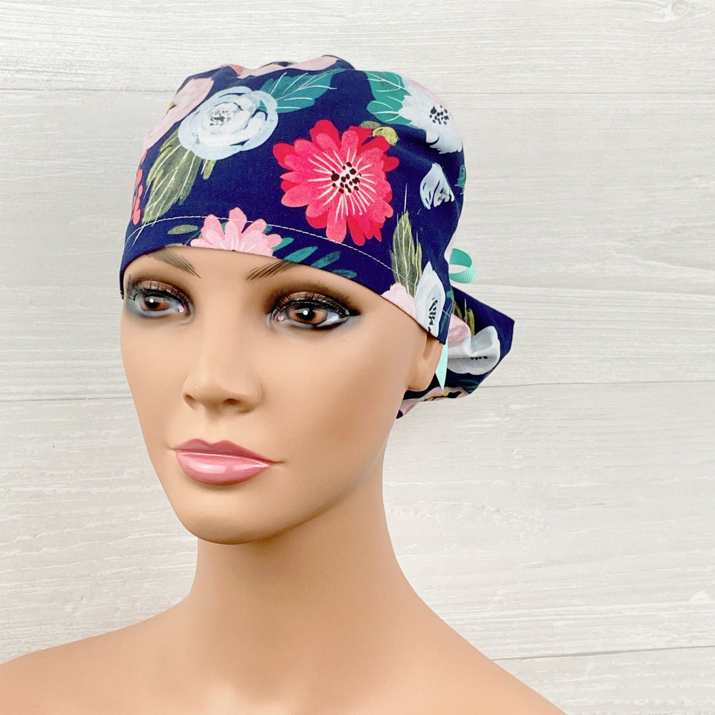 Navy Spring Floral Ponytail Hat
