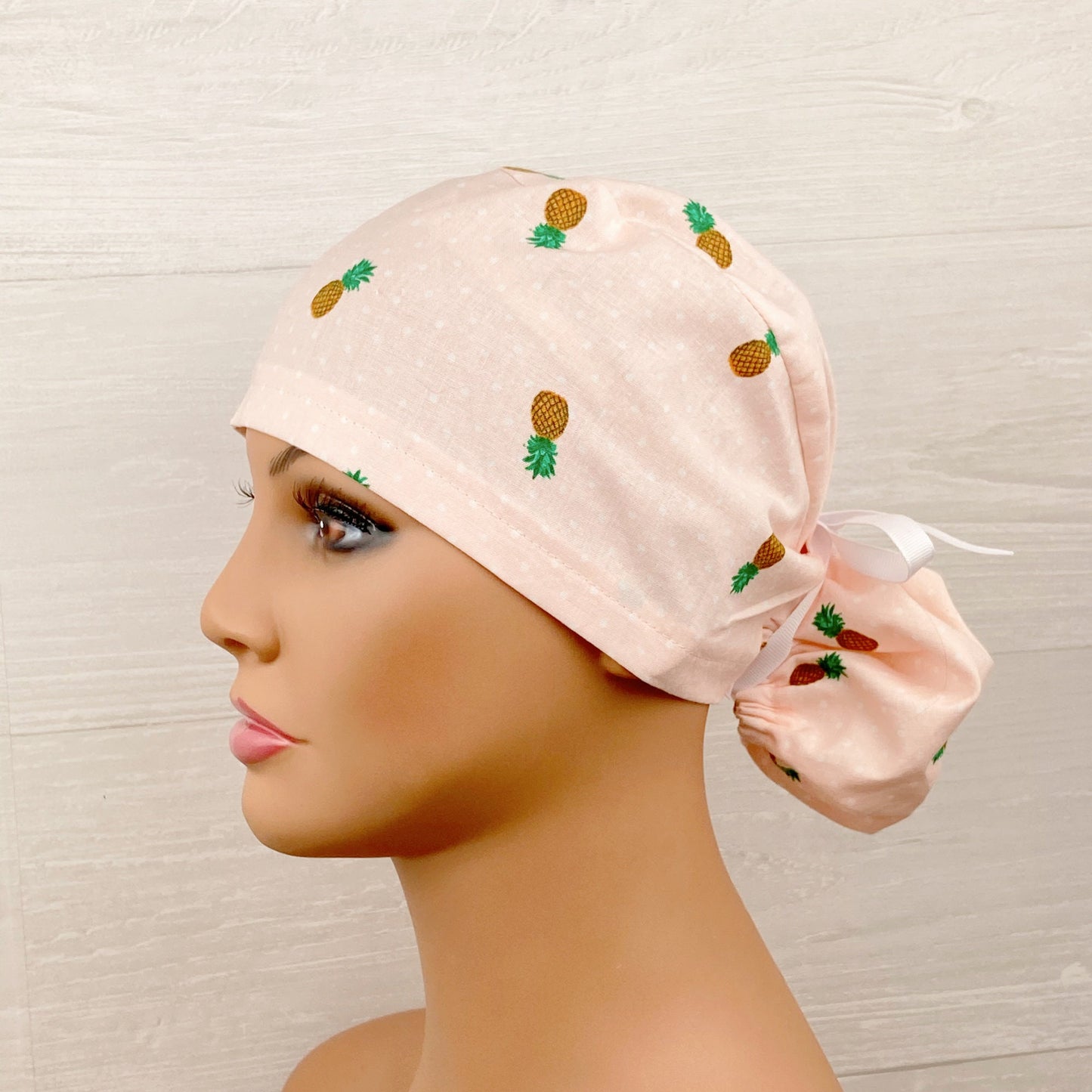 Pineapple Pink Polkadot Ponytail Scrub Hat