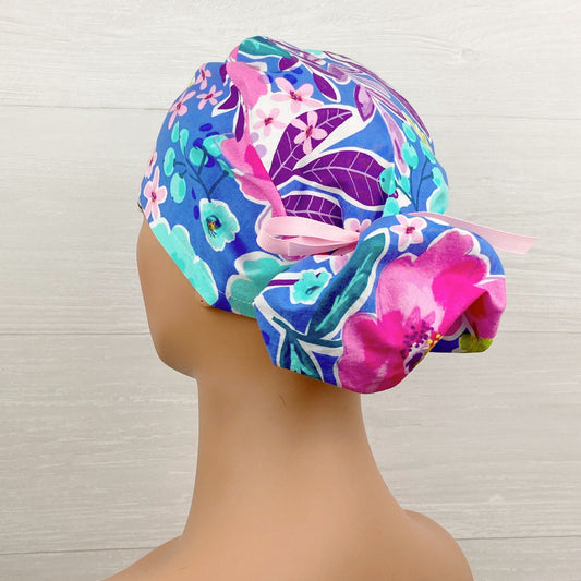 Pink and Blue Floral Ponytail Hat handmade cotton scrub cap