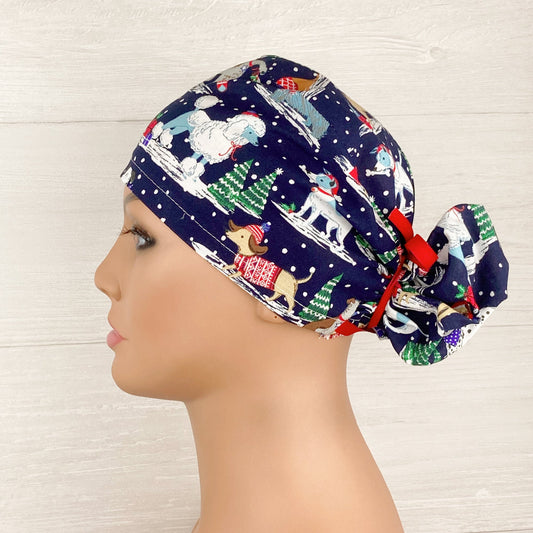Ponytail Scrub Cap - Scrub Hat - Winter Dogs