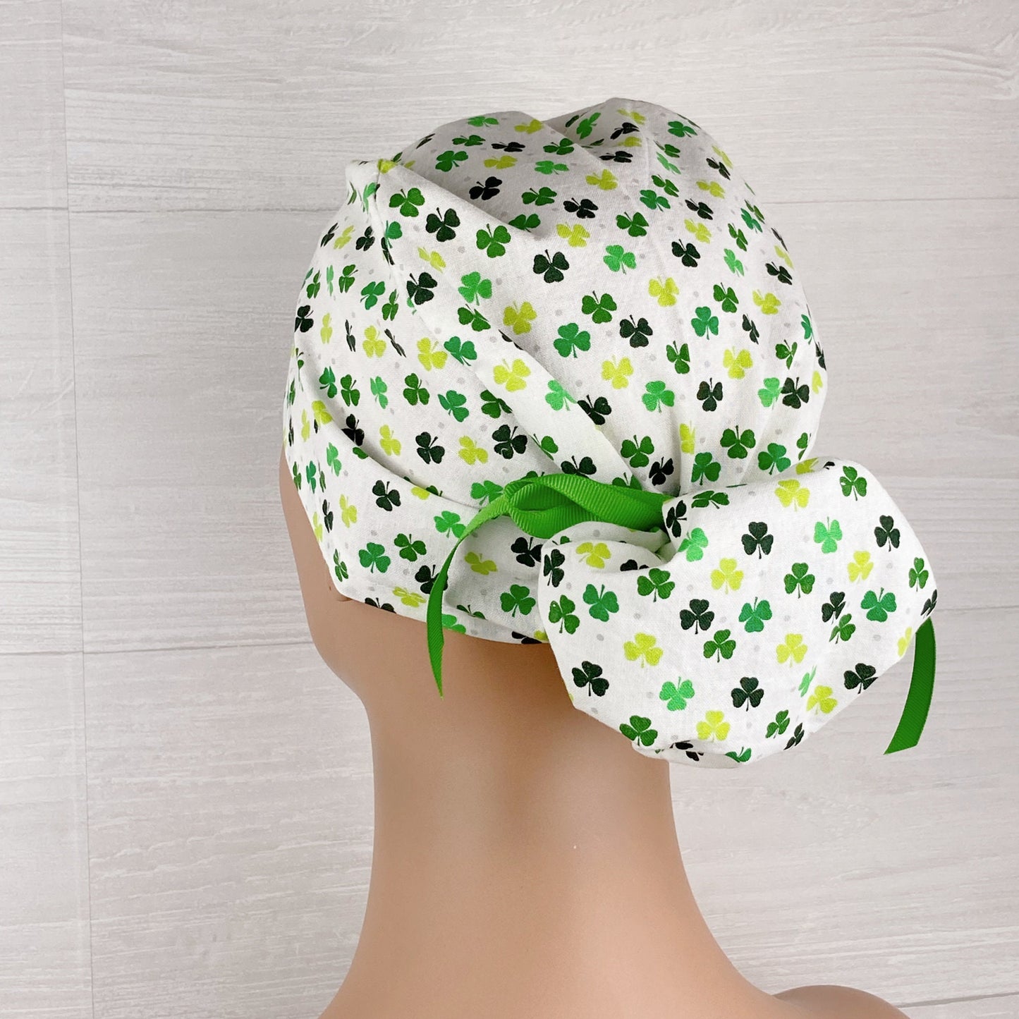 Clovers on White Ponytail Scrub Hat