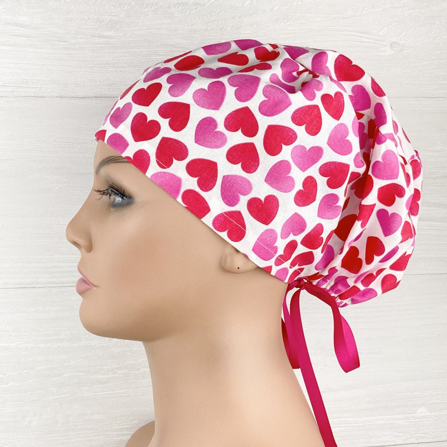 Red and Pink Hearts on White Women's Tieback Hat