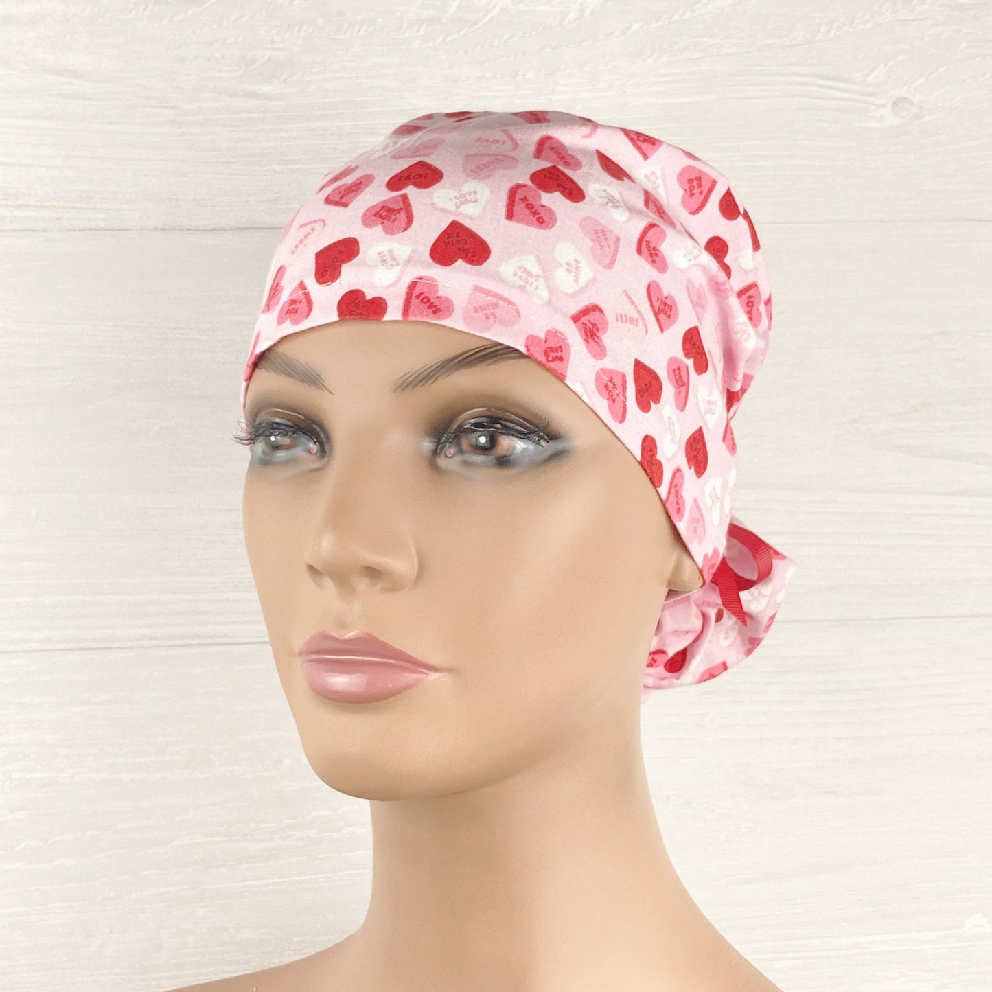Candy Hearts on Pink Ponytail Scrub Hat