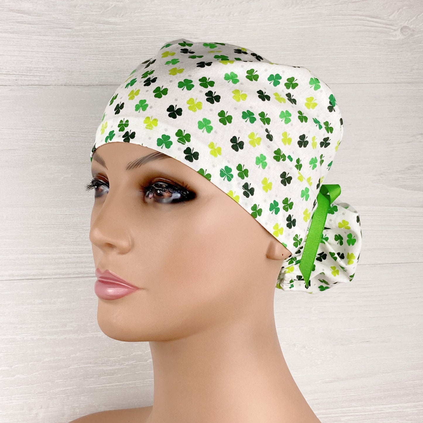 Clovers on White Ponytail Scrub Hat