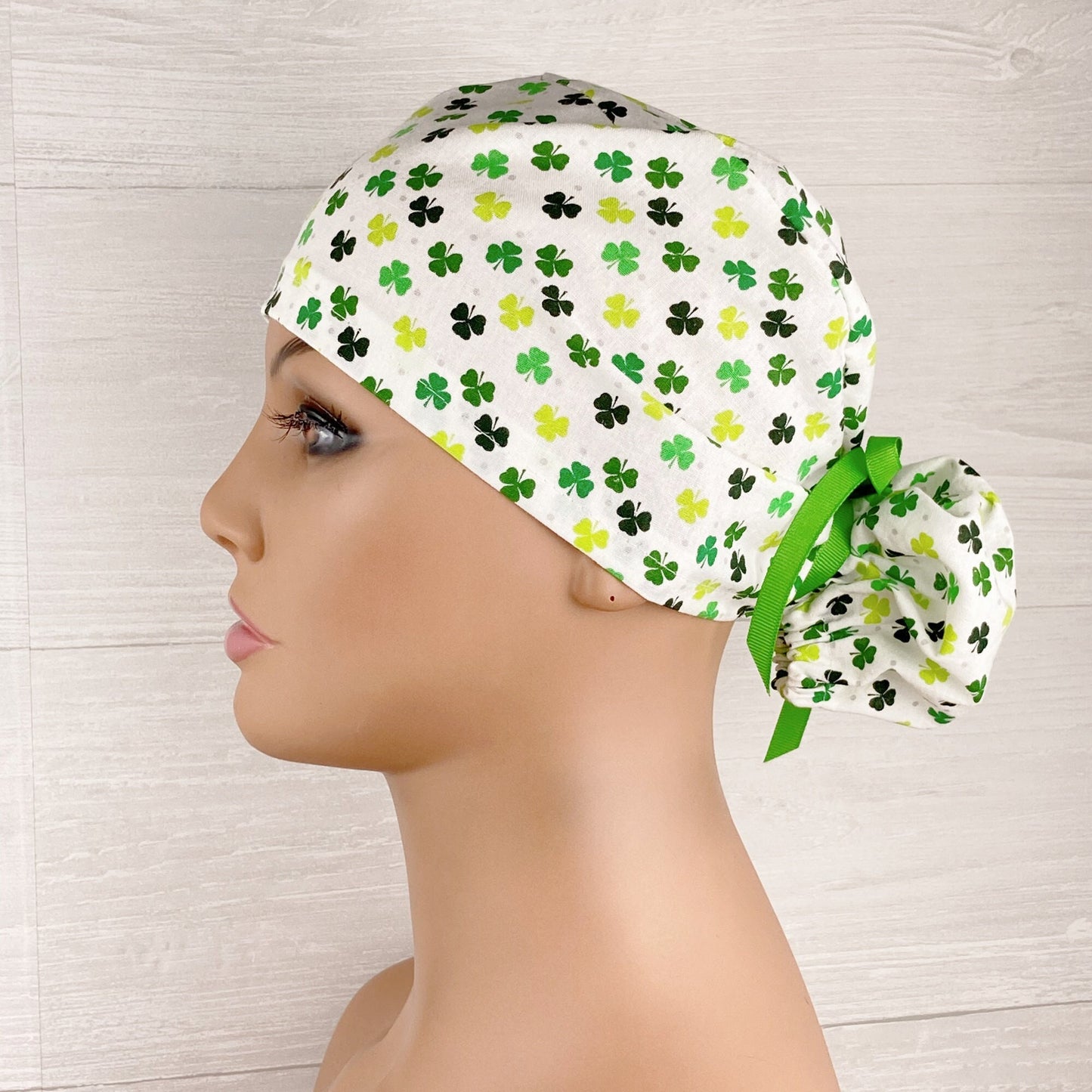 Clovers on White Ponytail Scrub Hat