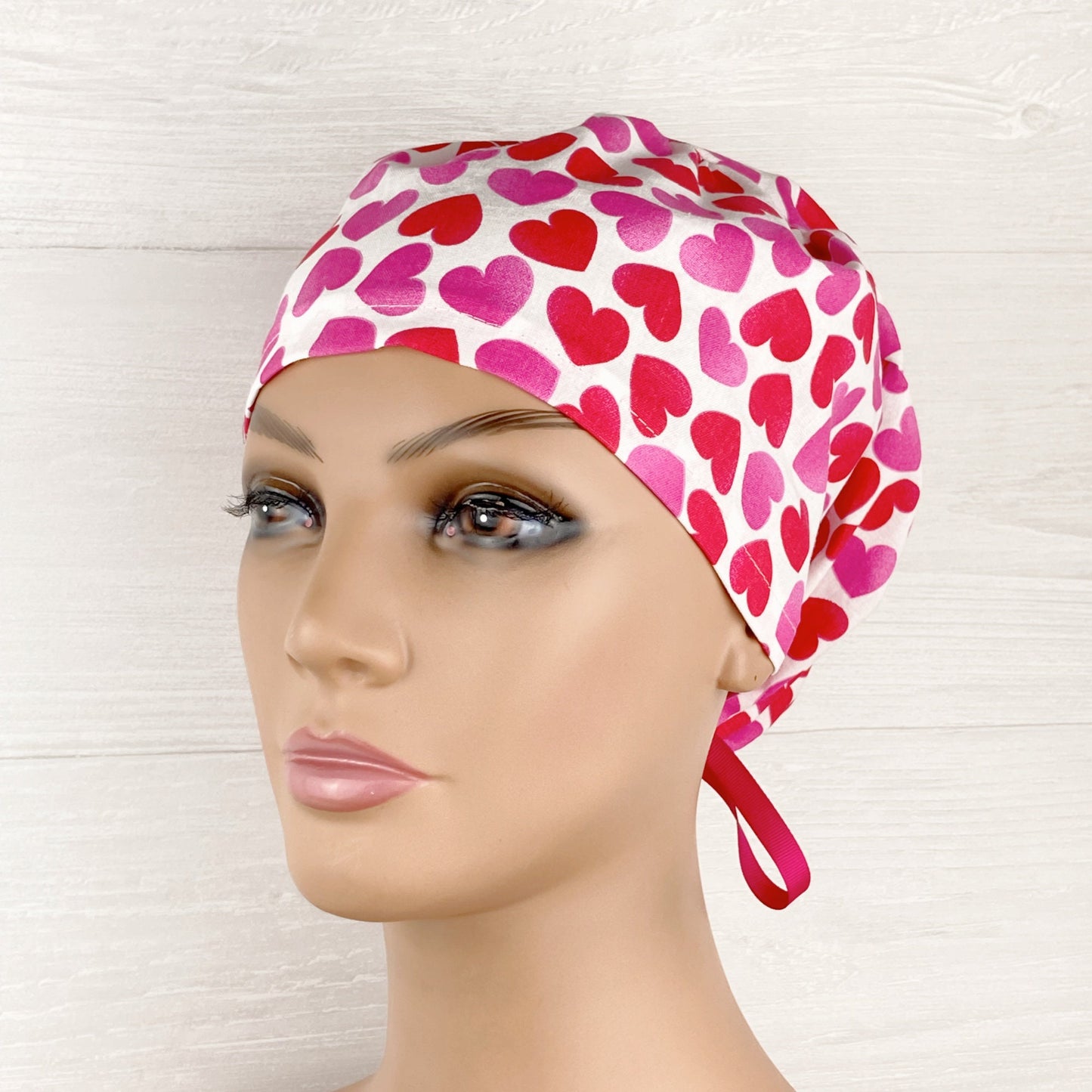 Red and Pink Hearts on White Women's Tieback Hat