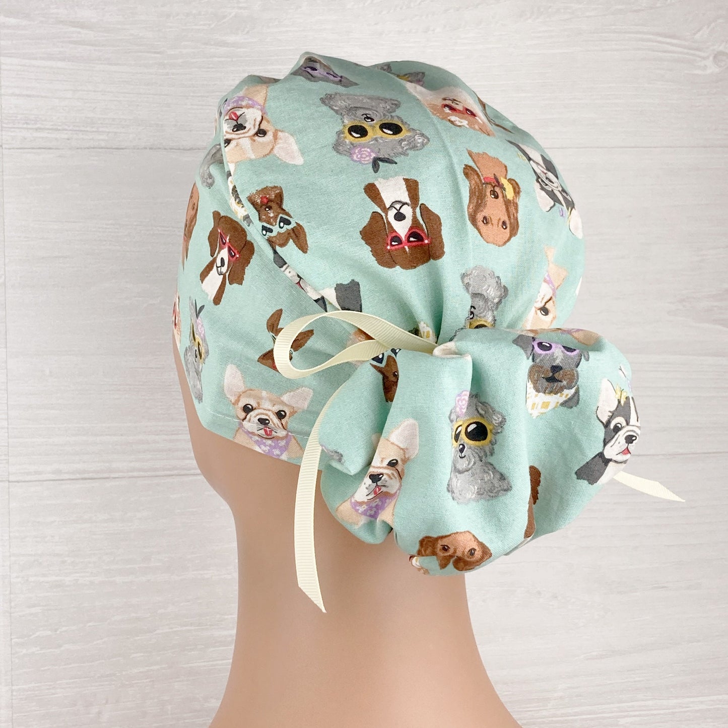 Pretty Pups on Aqua Ponytail Scrub Hat