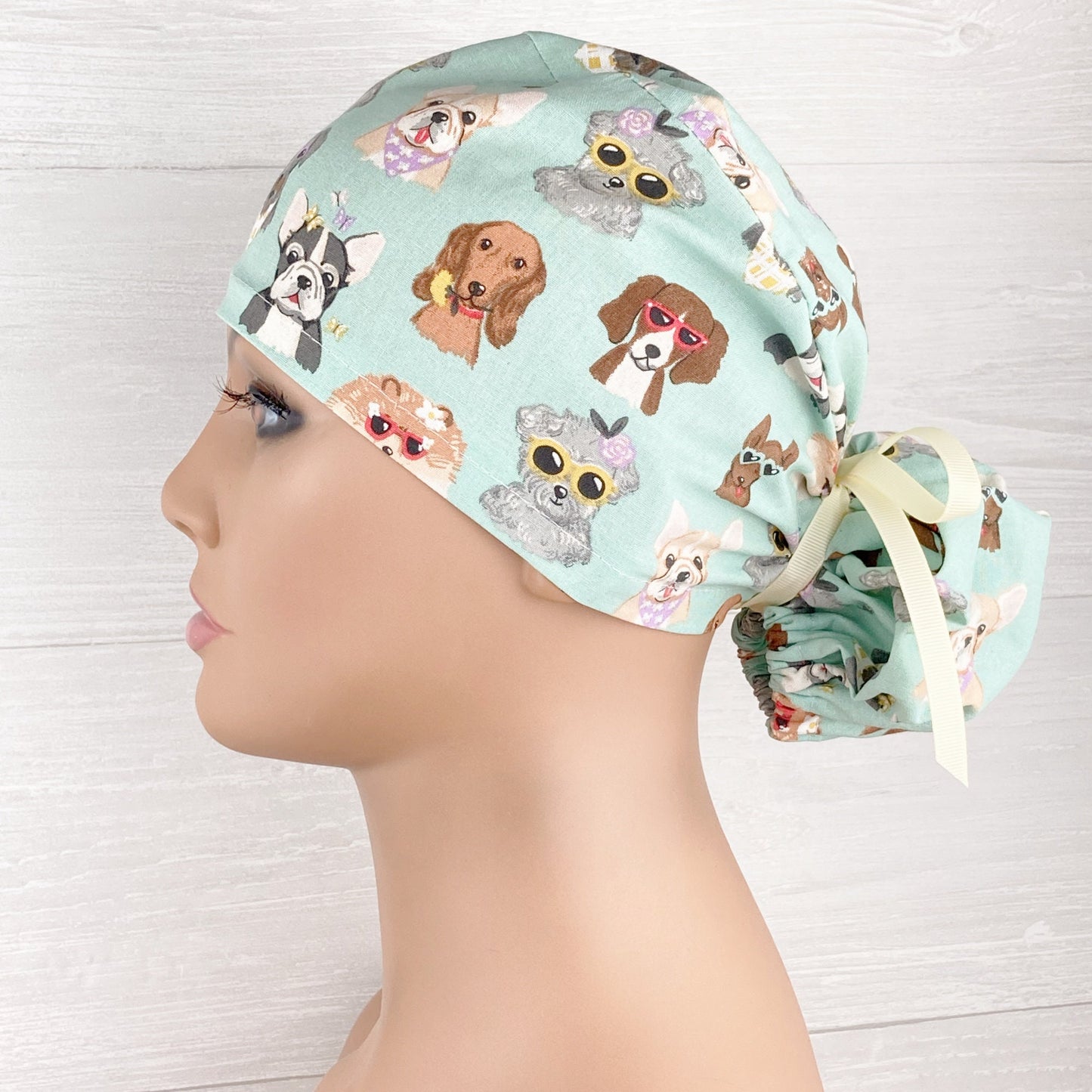 Pretty Pups on Aqua Ponytail Scrub Hat