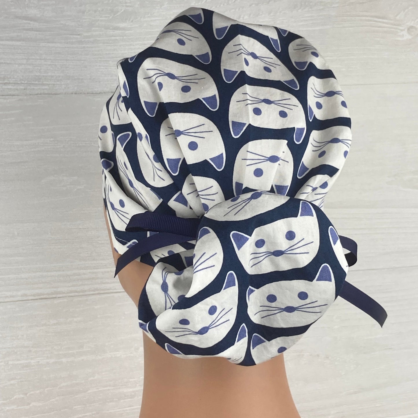 Kitties on Navy Ponytail Scrub Hat