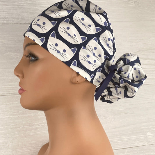 Kitties on Navy Ponytail Scrub Hat