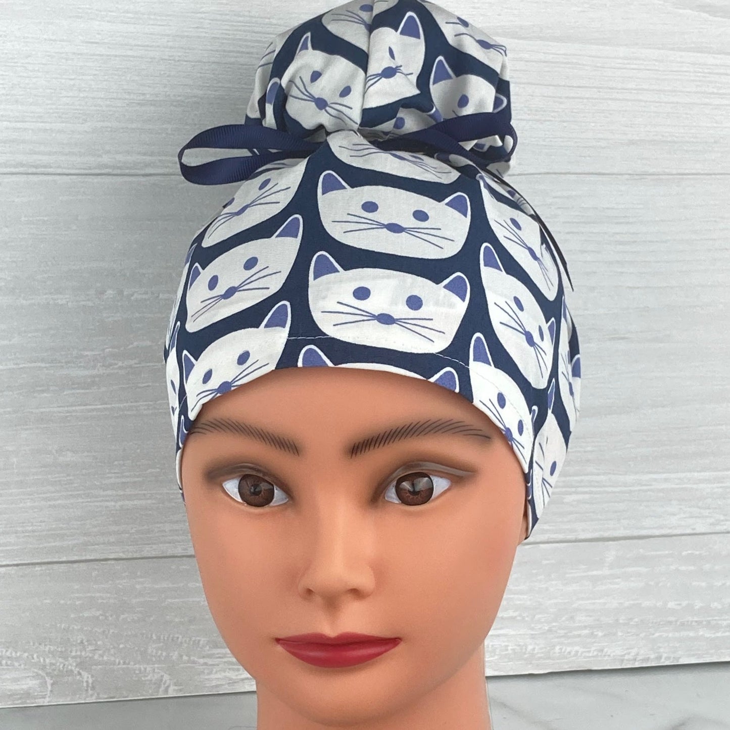 Kitties on Navy Updo Scrub Cap