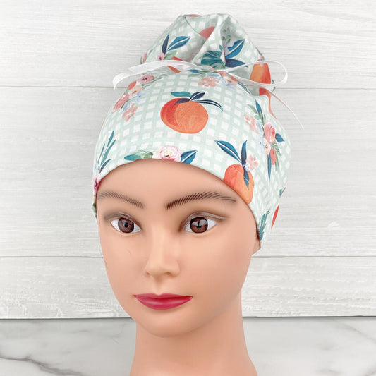 Gingham Oranges and Flowers Updo Scrub Cap