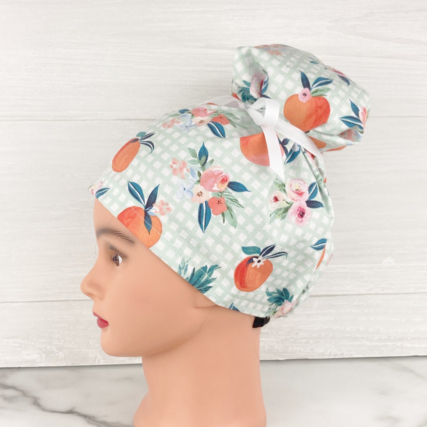 Gingham Oranges and Flowers Updo Scrub Cap