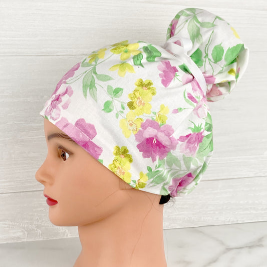 Pink and Yellow Floral Updo Scrub Cap robotic surgery scrub cap handmade in USA premium cotton da Vinci operating room cap