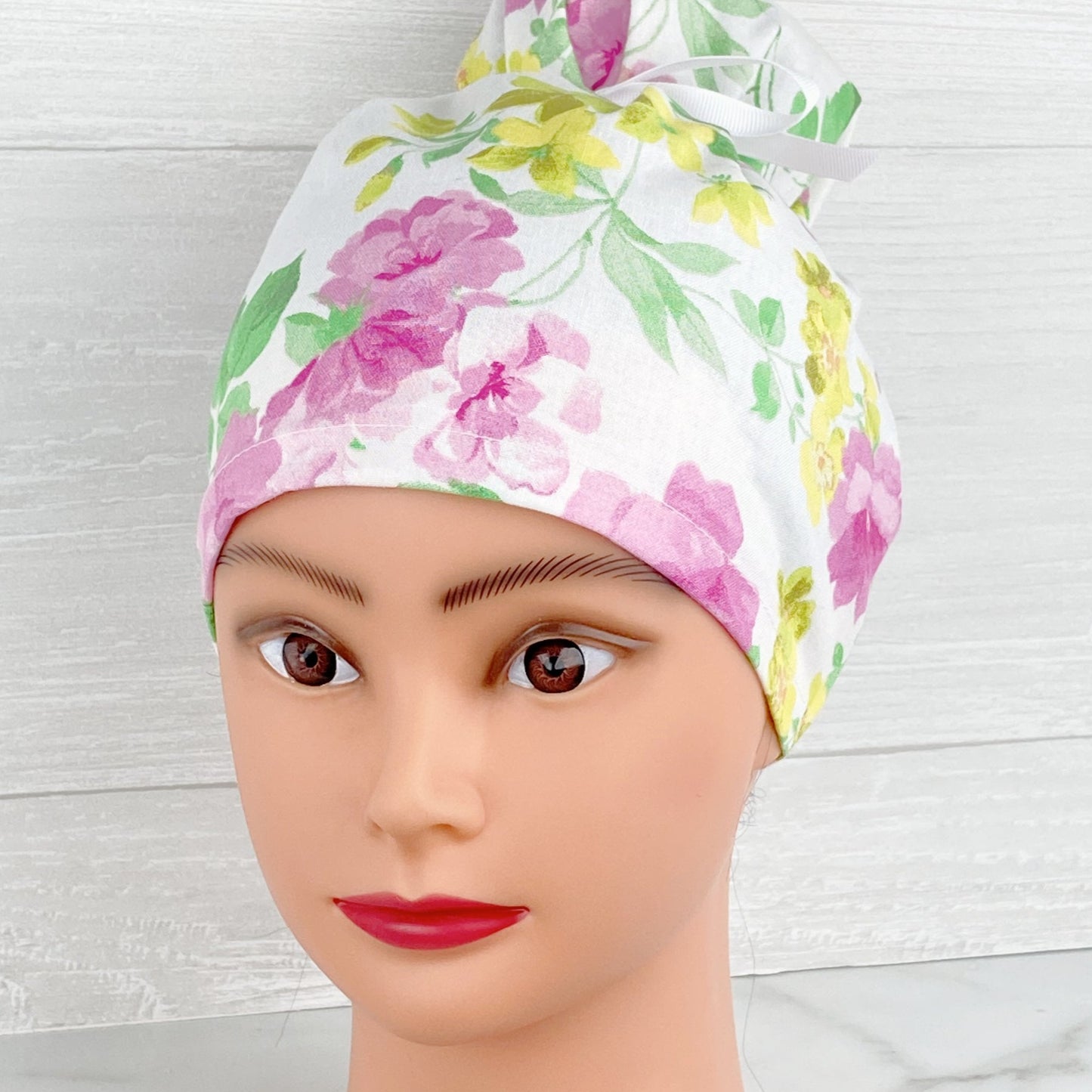Pink and Yellow Floral Updo Scrub Cap