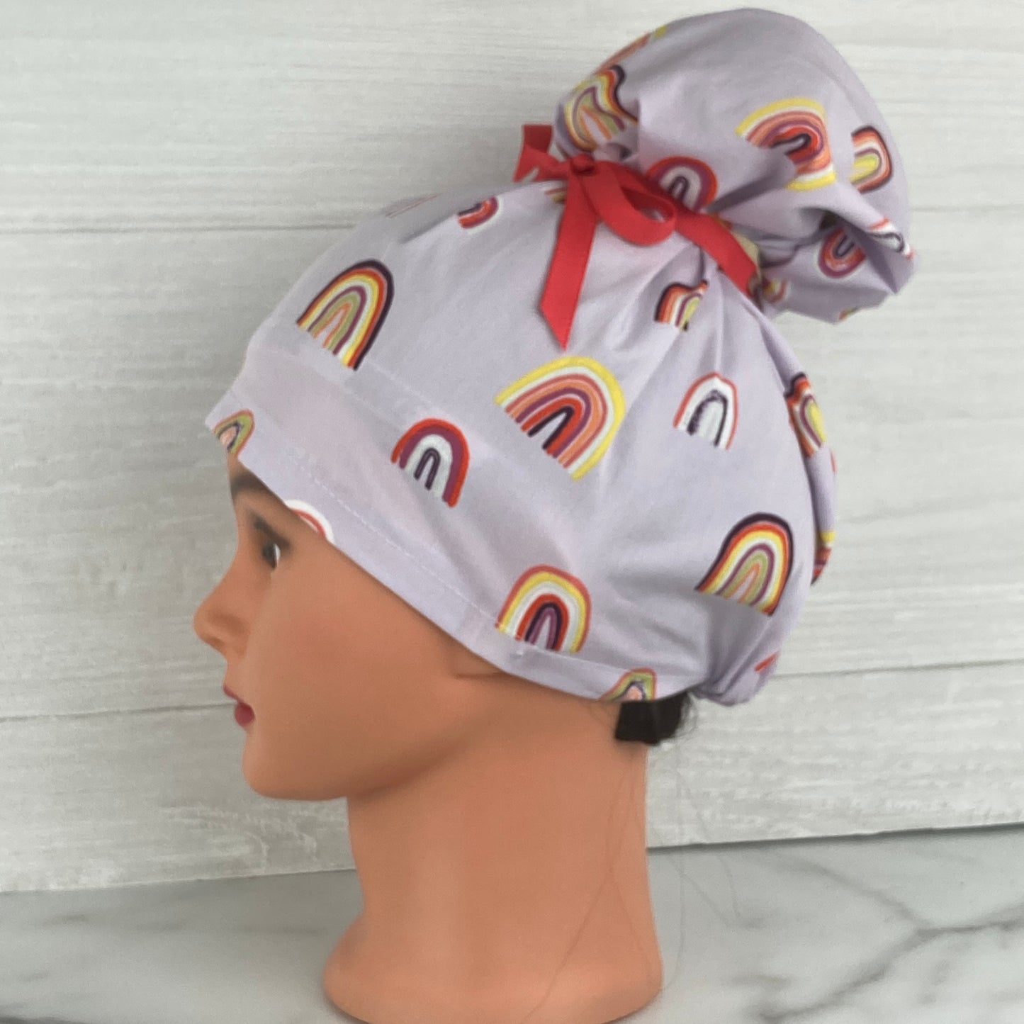 Rainbows on Lavender Updo Scrub Cap