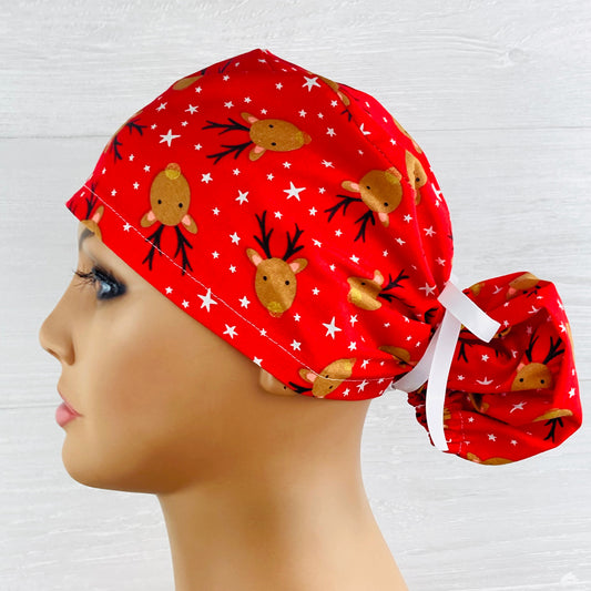 Reindeer on Red Ponytail Hat