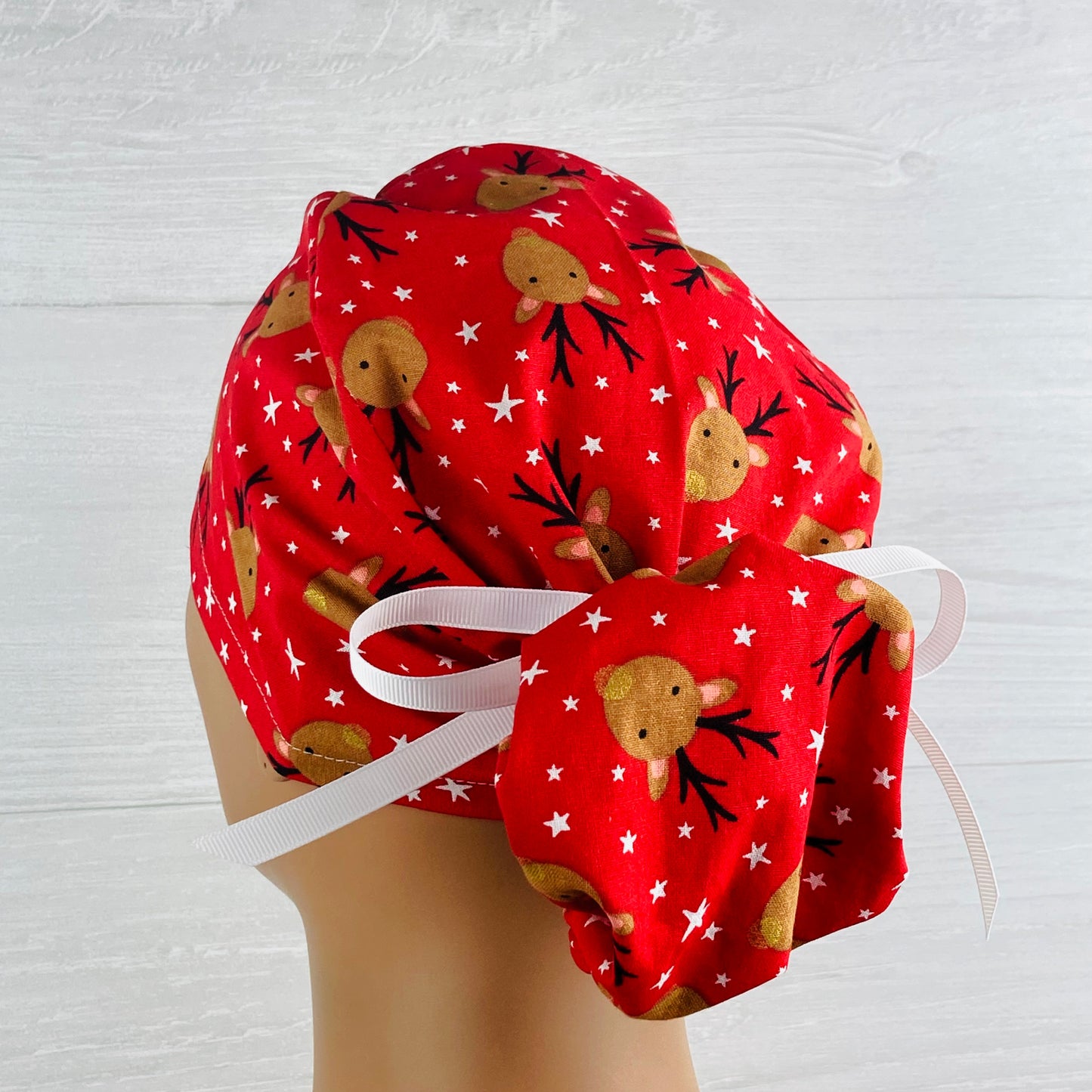 Reindeer on Red Ponytail Hat